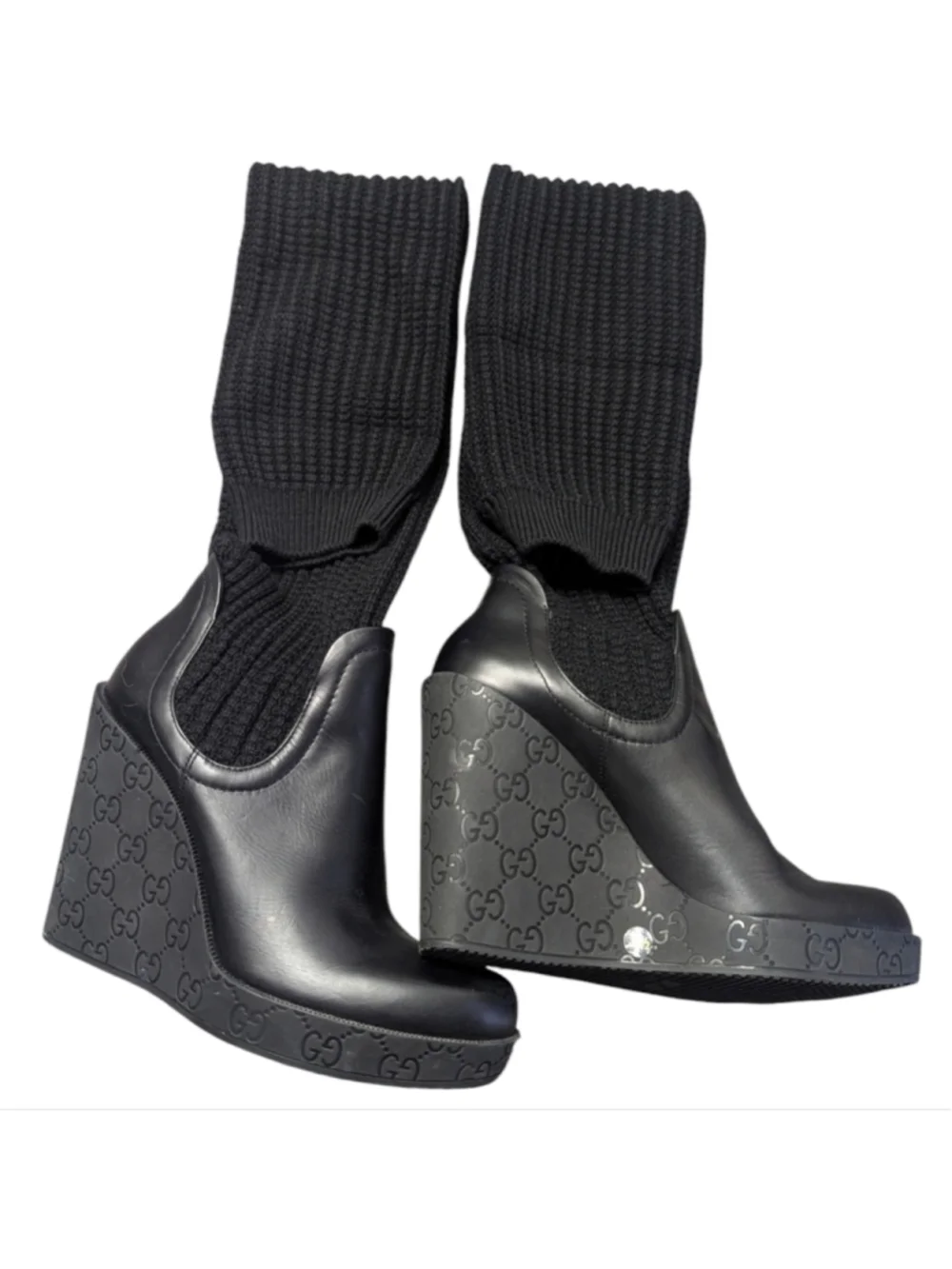 3X HP. GUCCI Black Leather GG Aspen Wool Babylon Knee High Wedge Boots